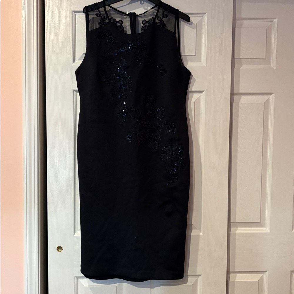Elegant Tahari navy blue Sleeveless Dress with Sheer Details